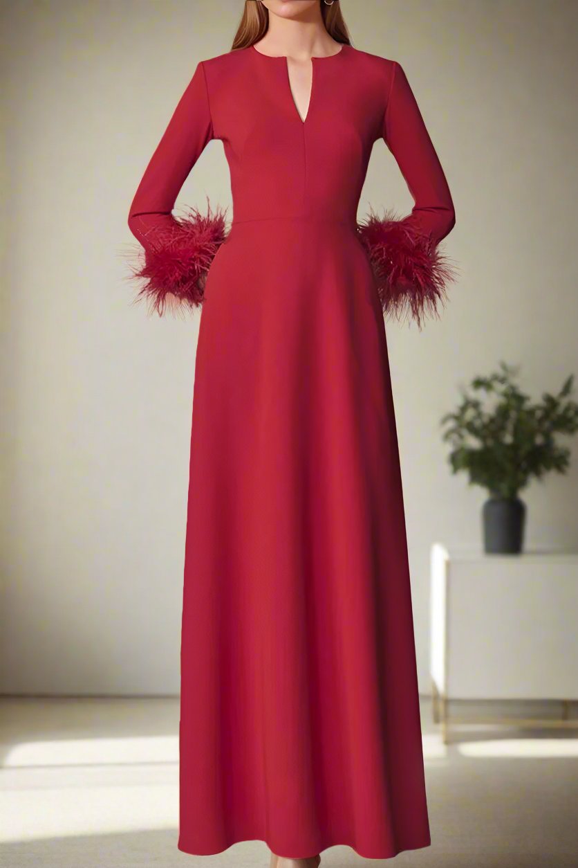 Simple Red V-Neck Long Sleeves Long Mother of The Bride Dresses with F Simple Red V-Neck Long Sleeves Long Mother of The Bride Dresses with F