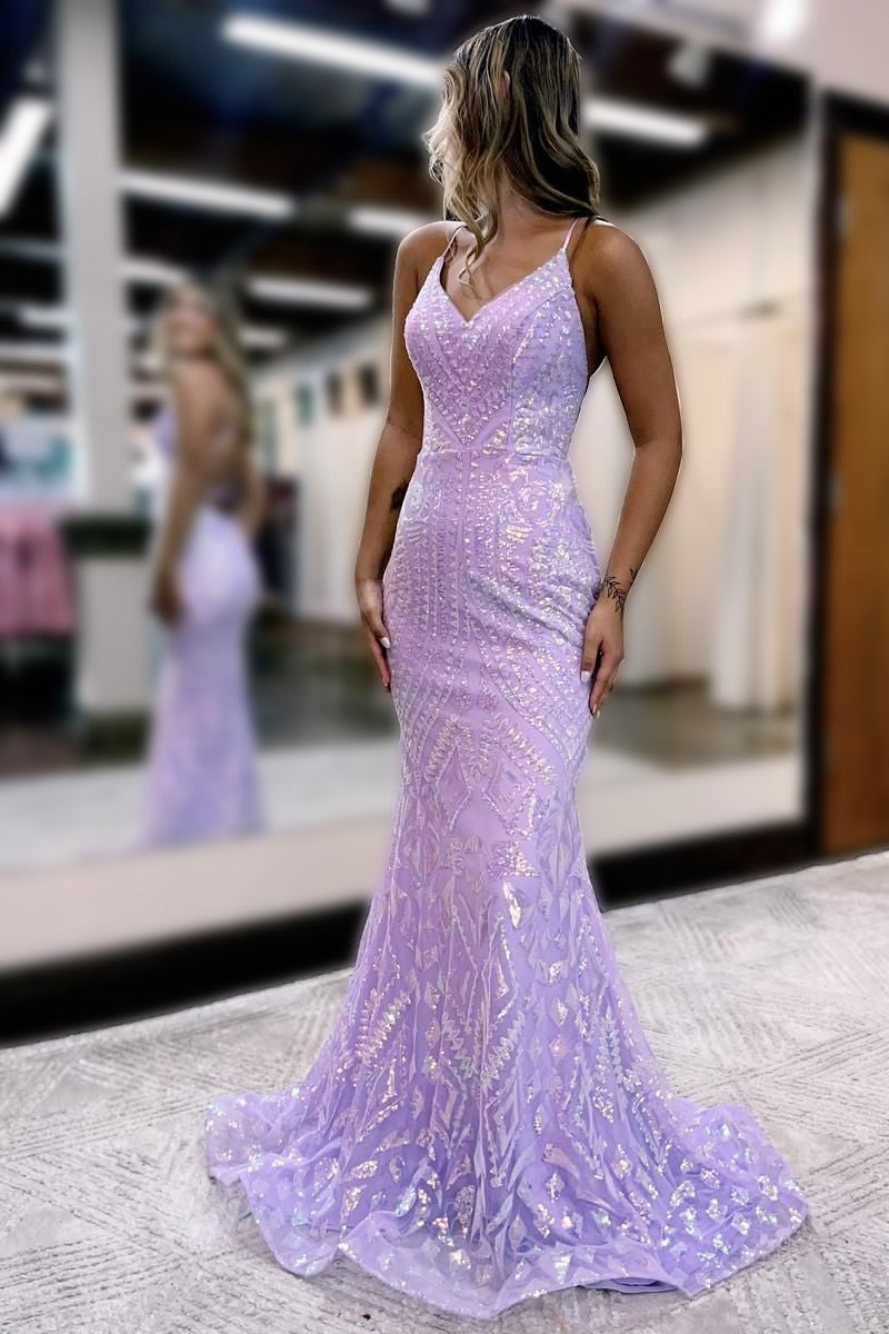 Lilac Mermaid Spaghetti Straps Lace Up Back Prom Dress