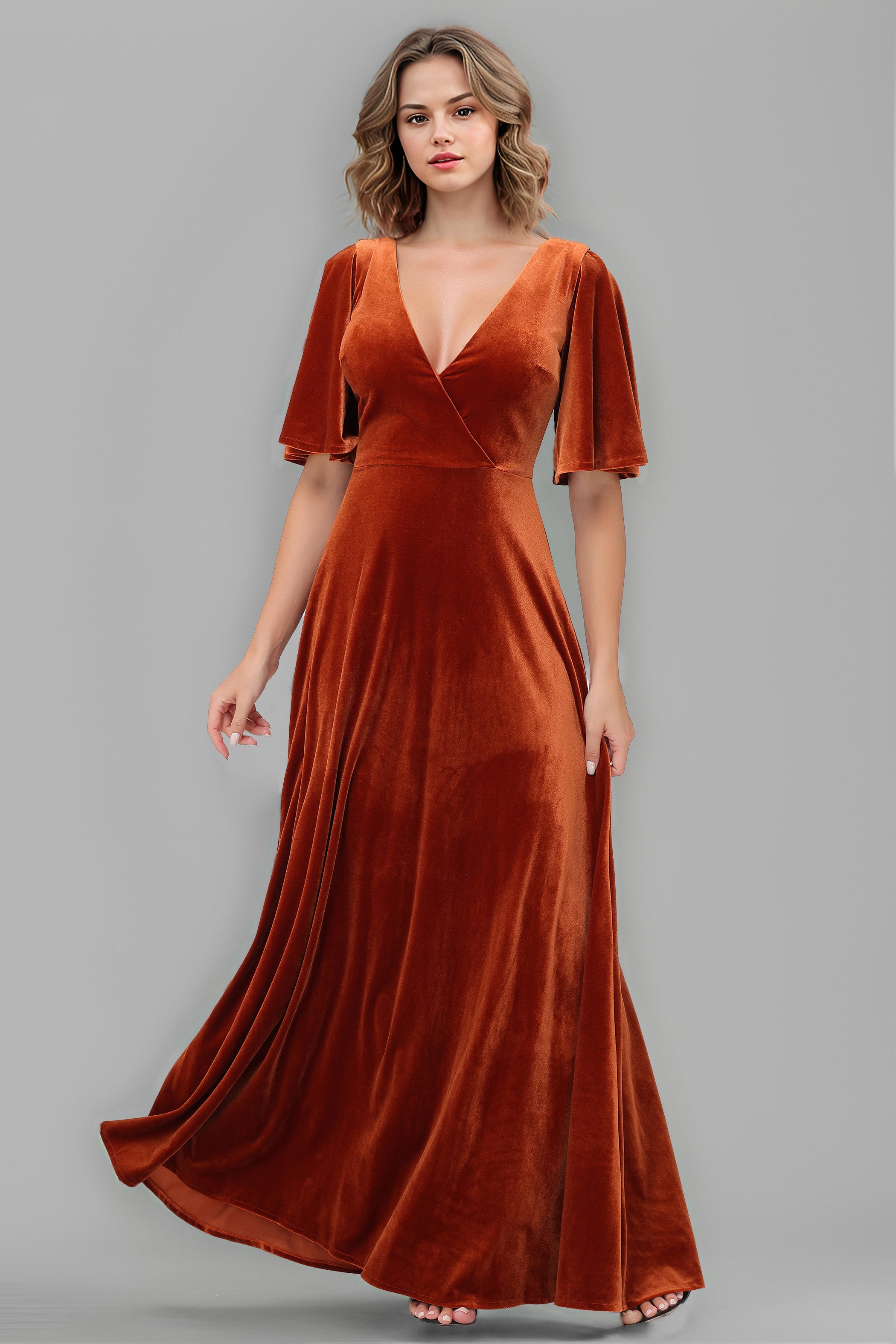 Simple V-Neck A-Line Short Sleeves Floor Length Velvet Bridesmaid Dres Simple V-Neck A-Line Short Sleeves Floor Length Velvet Bridesmaid Dres
