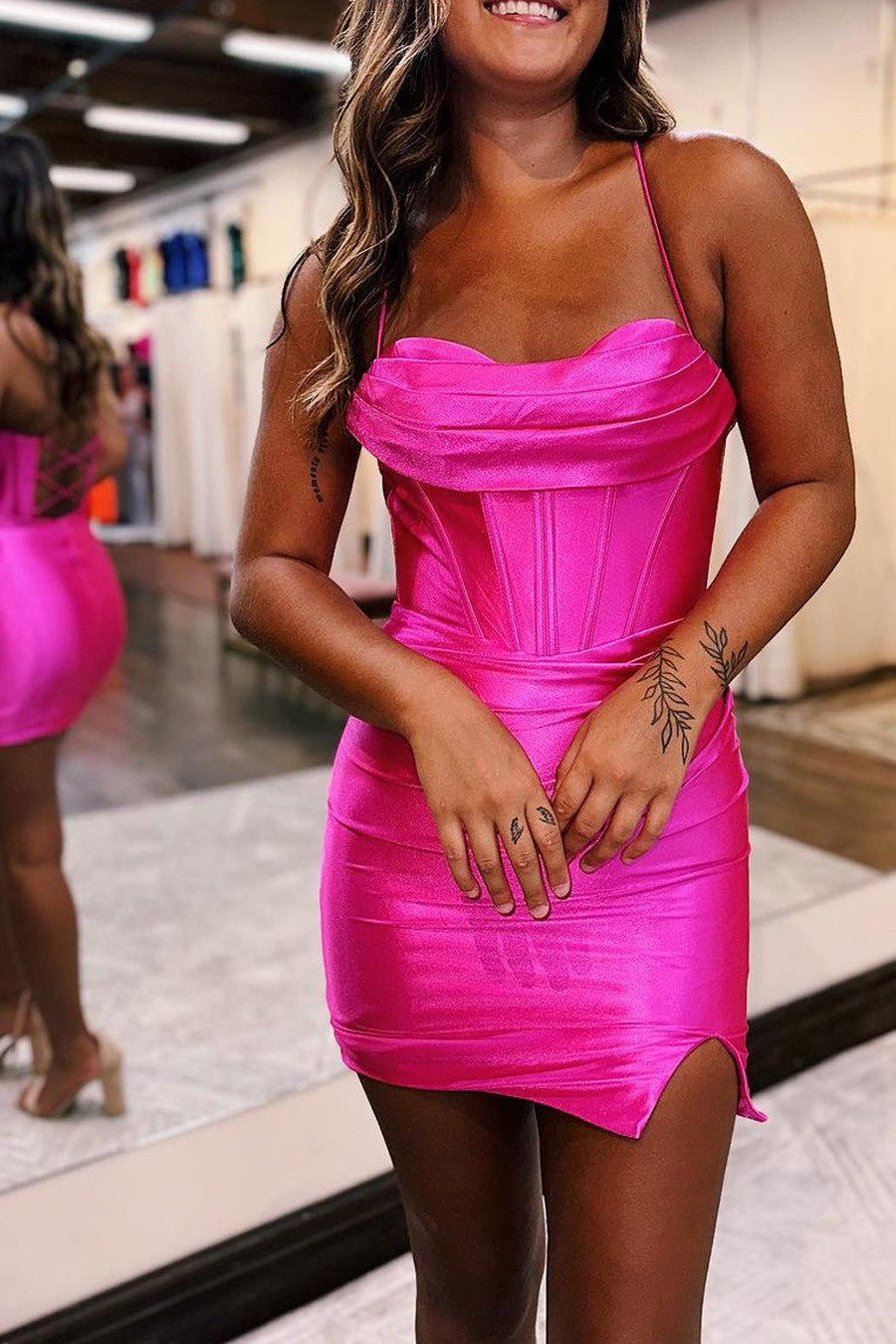 Spaghetti Straps Sweetheart Pleated Mini Short Tight Homecoming Dress Spaghetti Straps Sweetheart Pleated Mini Short Tight Homecoming Dress