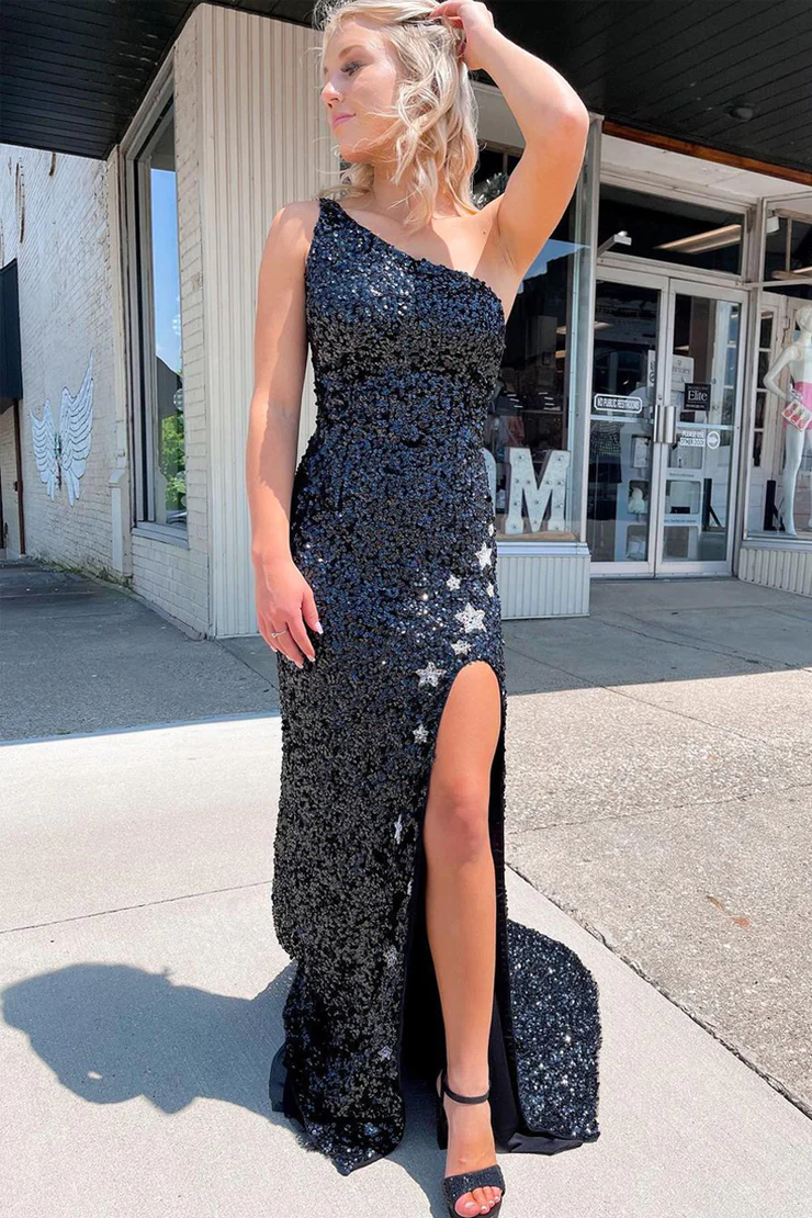 Sparkly Mermaid One Shoulder Black Sequins Prom Dresses with Stars Sparkly Mermaid One Shoulder Black Sequins Prom Dresses with Stars