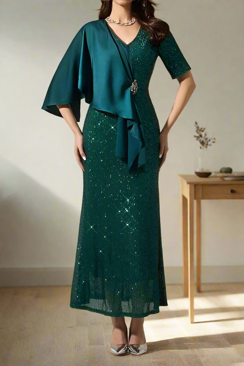 Sparkly Sequin Dark Green Short Sleeve Wedding Party Dress Sparkly Sequin Dark Green Short Sleeve Wedding Party Dress
