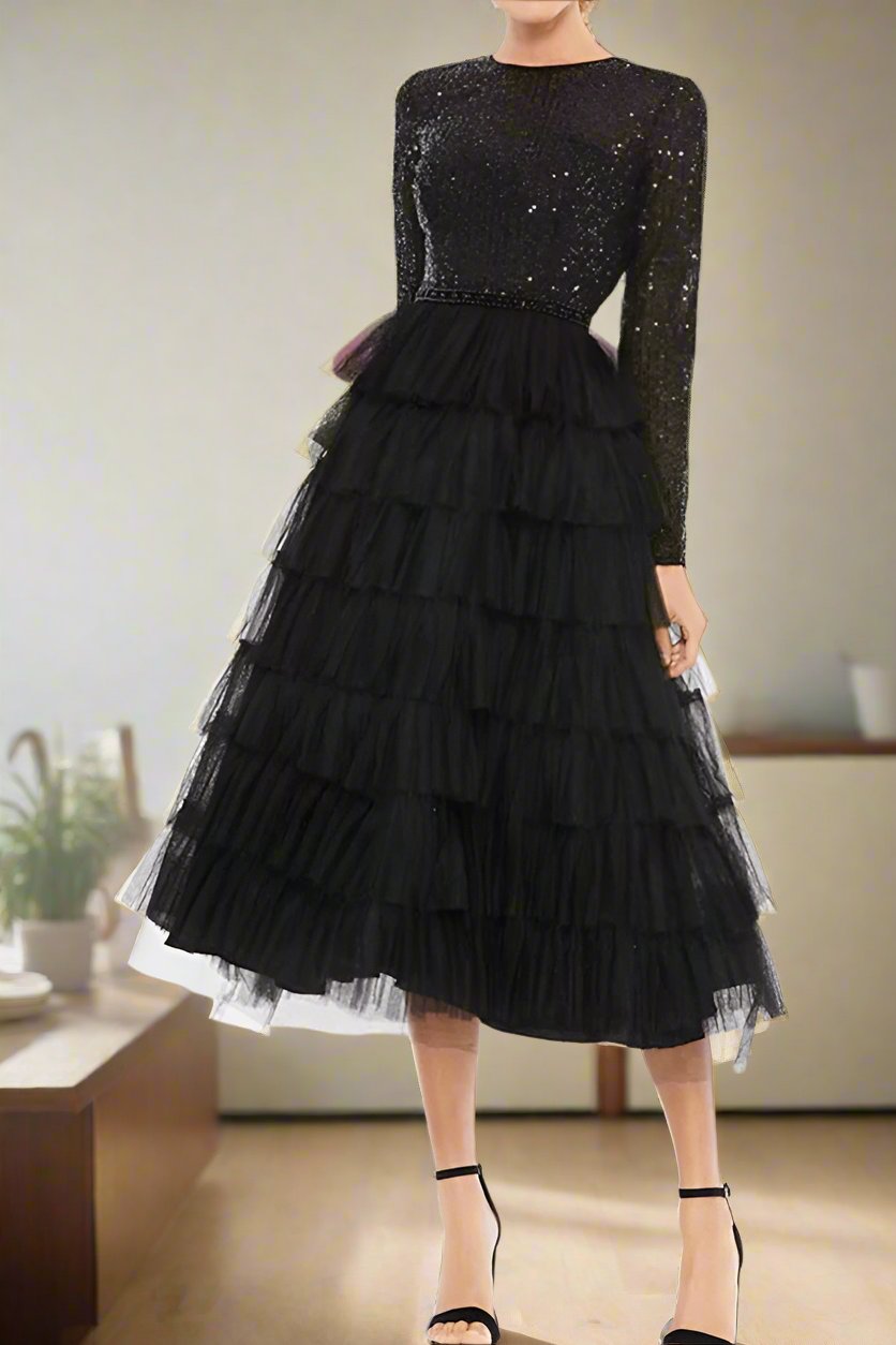 Sparkly Tiered Long Sleeve Tea Length Mother of The Bride Dresses Sparkly Tiered Long Sleeve Tea Length Mother of The Bride Dresses