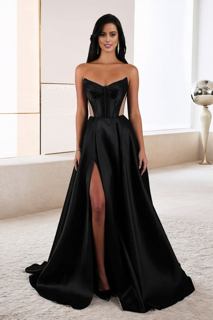 Strapless Minimalist A Line Black Sleeveless Satin Evening Gown Strapless Minimalist A Line Black Sleeveless Satin Evening Gown