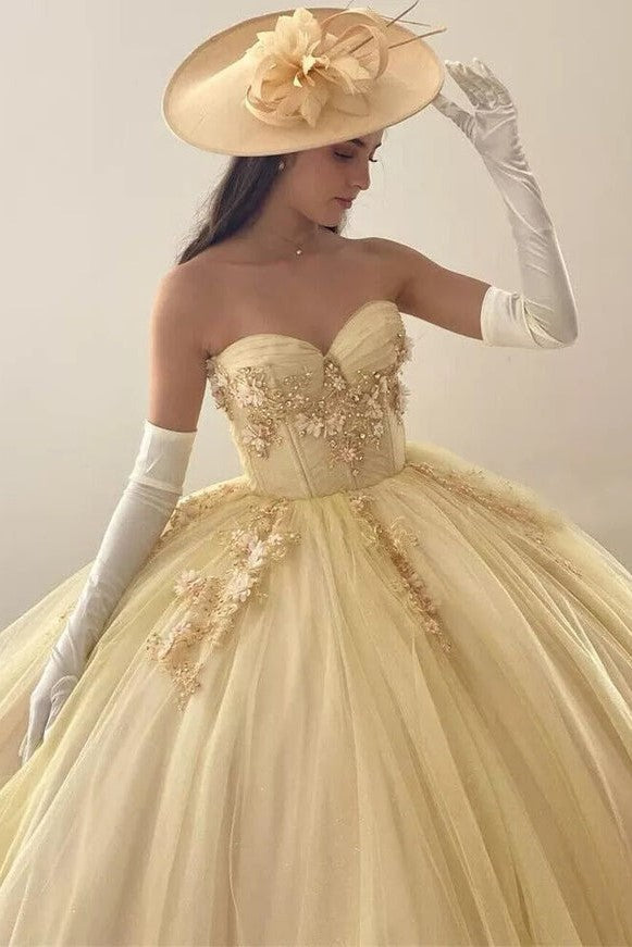Strapless Tulle Ball Gown Yellow Sweetheart Quinceanera Dresses Strapless Tulle Ball Gown Yellow Sweetheart Quinceanera Dresses