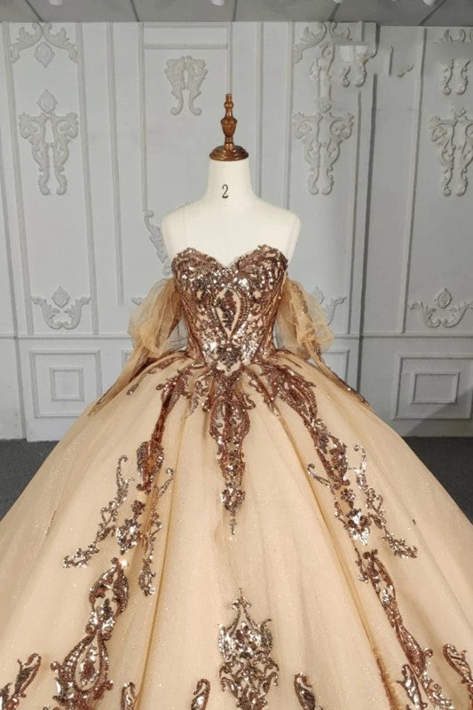 Stunning Gold Off-the-shoulder Quinceanera Dresses Long sleeves Evening Party Dresses with Sequins Stunning Gold Off-the-shoulder Quinceanera Dresses Long sleeves Evening Party Dresses with Sequins