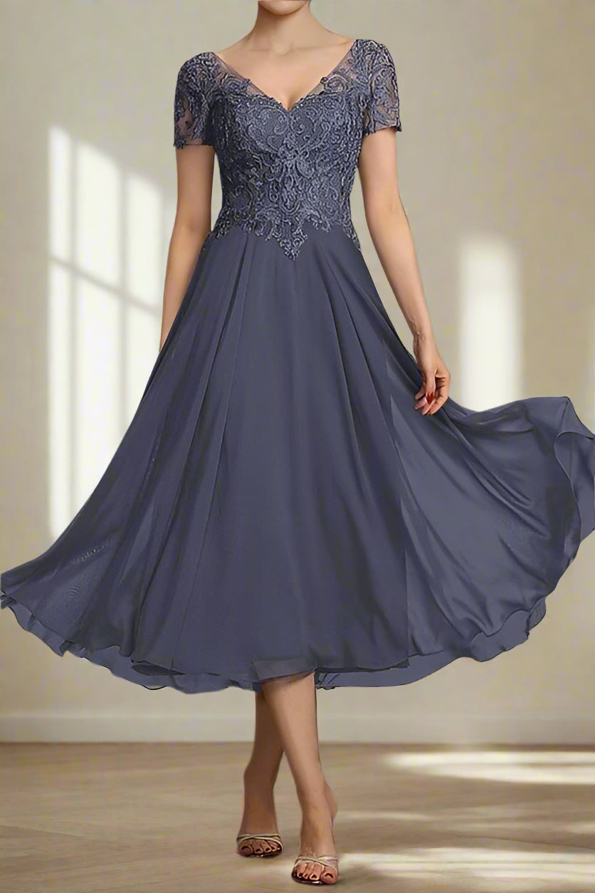 Tea Length Stormy V Neck Chiffon Mother of the Bride Dress