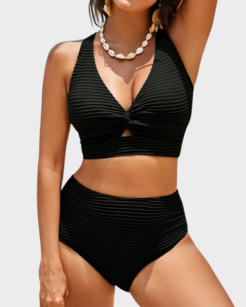 OmbreSwim - Textured Knot-Front High-Waisted Bikini Set