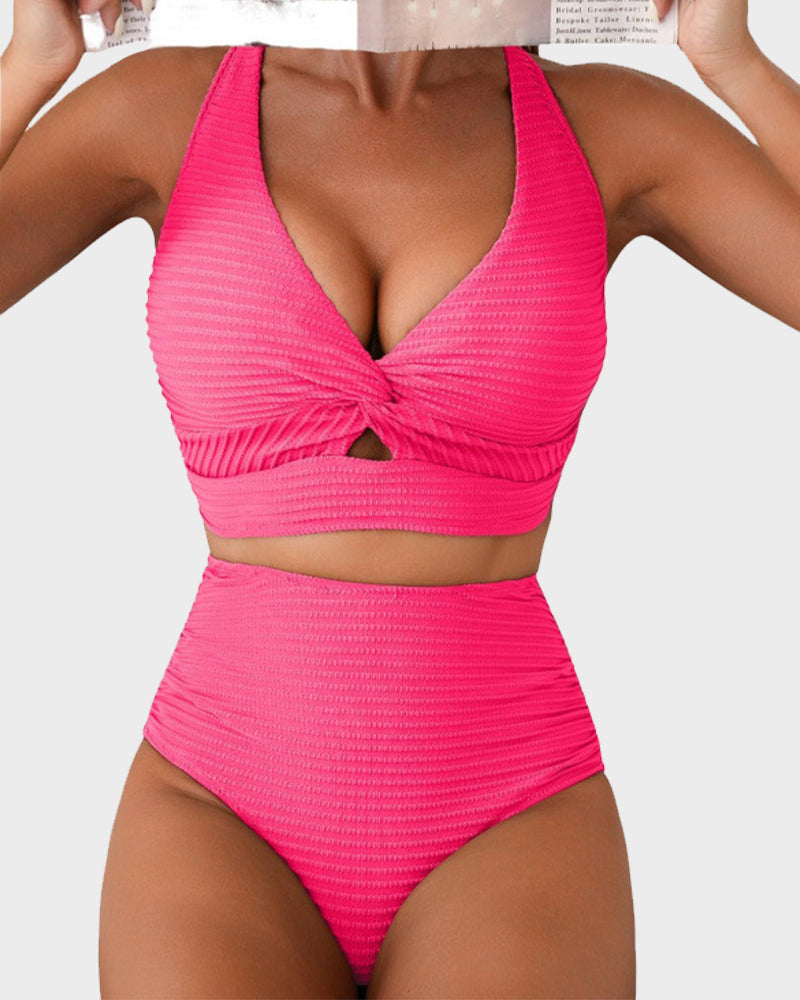 OmbreSwim - Textured Knot-Front High-Waisted Bikini Set