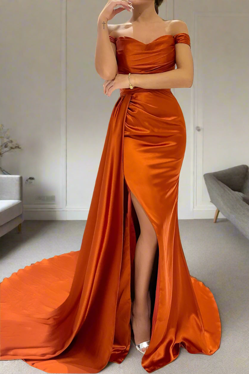 Unique Off The Shoulder Burnt Orange Ruched Mermaid Prom Dress Unique Off The Shoulder Burnt Orange Ruched Mermaid Prom Dress