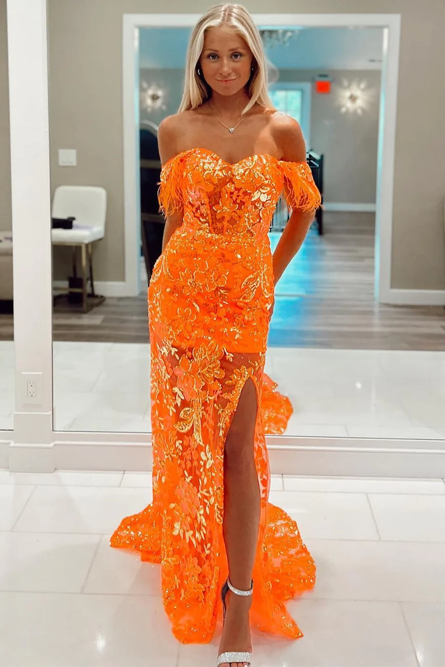 Off The Shoulder Lace Appliques Long Prom Dress with Feathers Off The Shoulder Lace Appliques Long Prom Dress with Feathers
