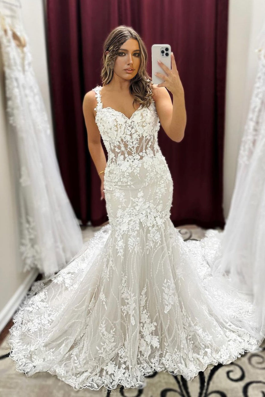 Unique Straps Ivory Lace Appliques Mermaid Long Wedding Dress Unique Straps Ivory Lace Appliques Mermaid Long Wedding Dress