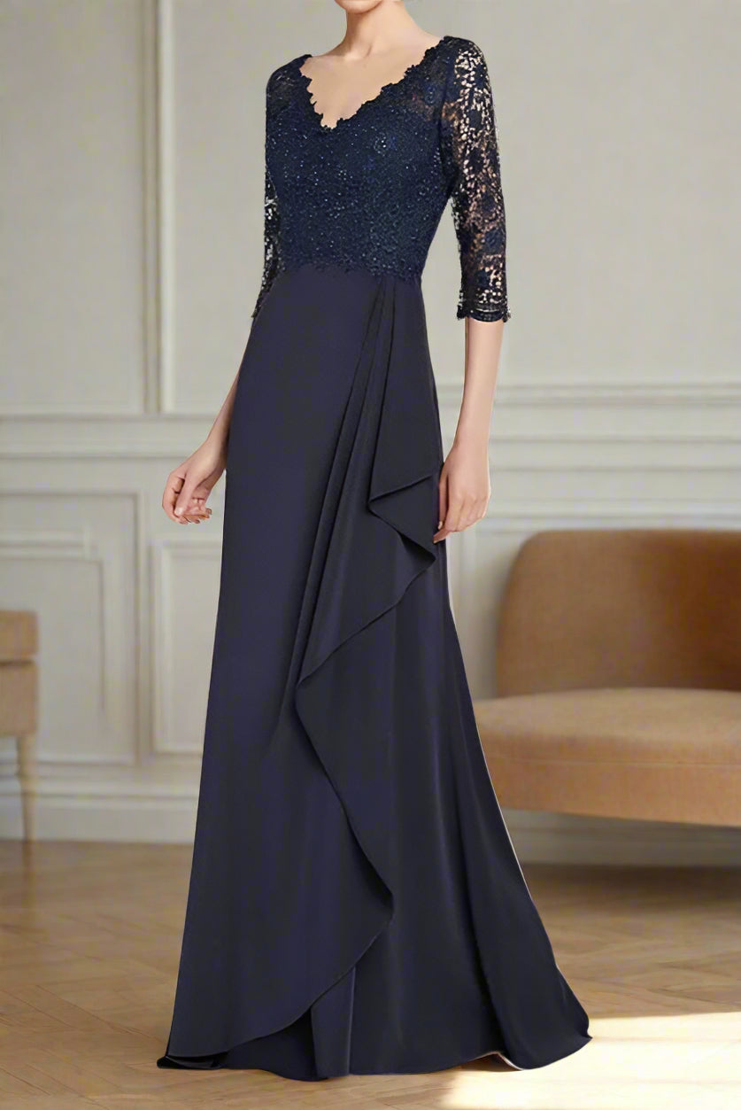V Neck Pleats Floor Length A-Line Mother of the Bride Dress V Neck Pleats Floor Length A-Line Mother of the Bride Dress