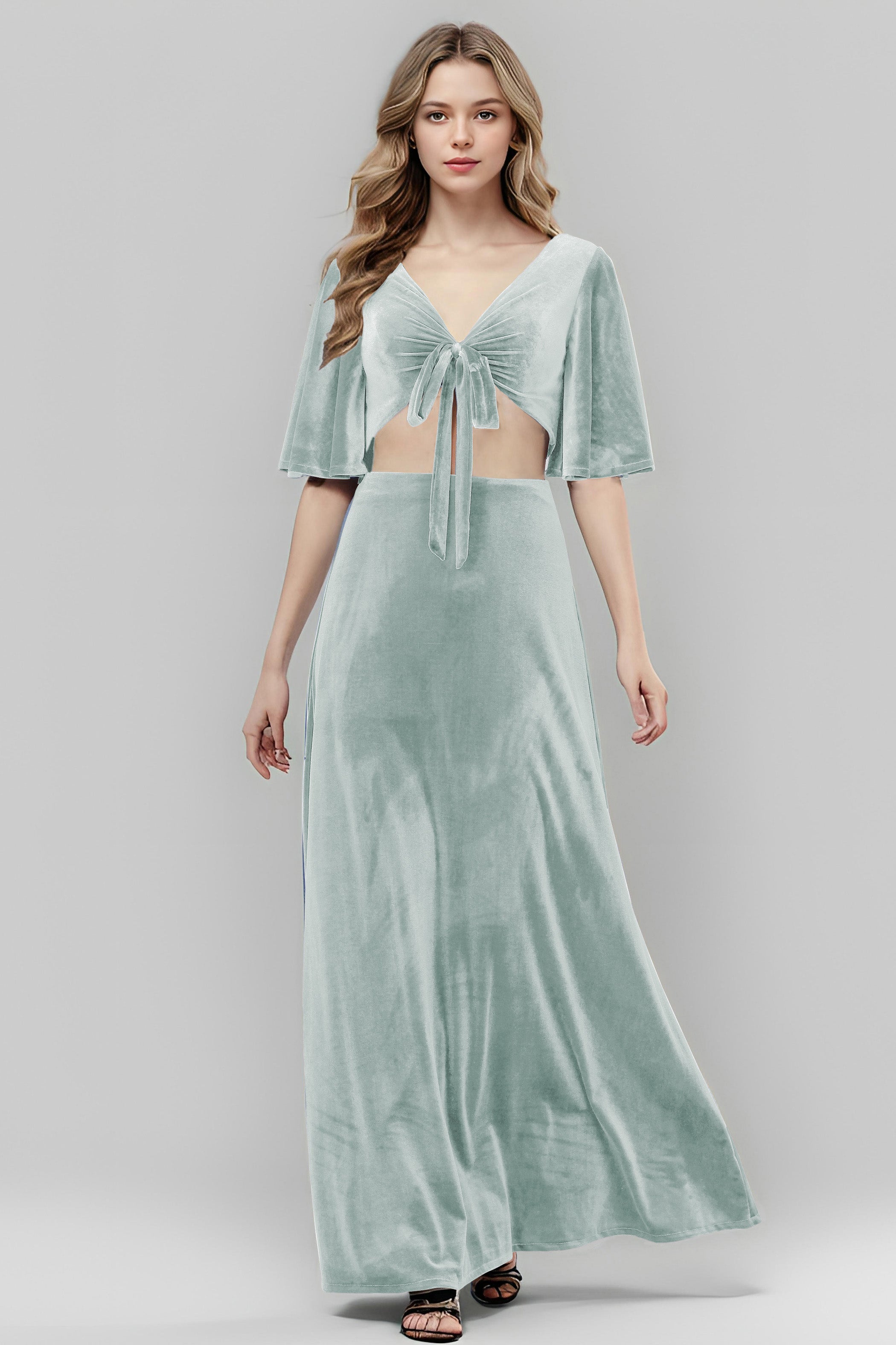 V-neck Half Sleeves A-line Cut Out Waist Velvet Bridesmaid Dresses V-neck Half Sleeves A-line Cut Out Waist Velvet Bridesmaid Dresses
