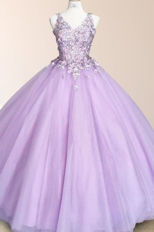 V-neck Princess Lilac Quinceanera Dresses with Flower Appliques V-neck Princess Lilac Quinceanera Dresses with Flower Appliques