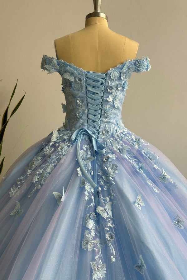 Chic & Modern Ball Gown Off Shoulder 3D Butterfly Lace Appliques Lace Up Lavender Tulle Quinceanera Dress for Sweet 16