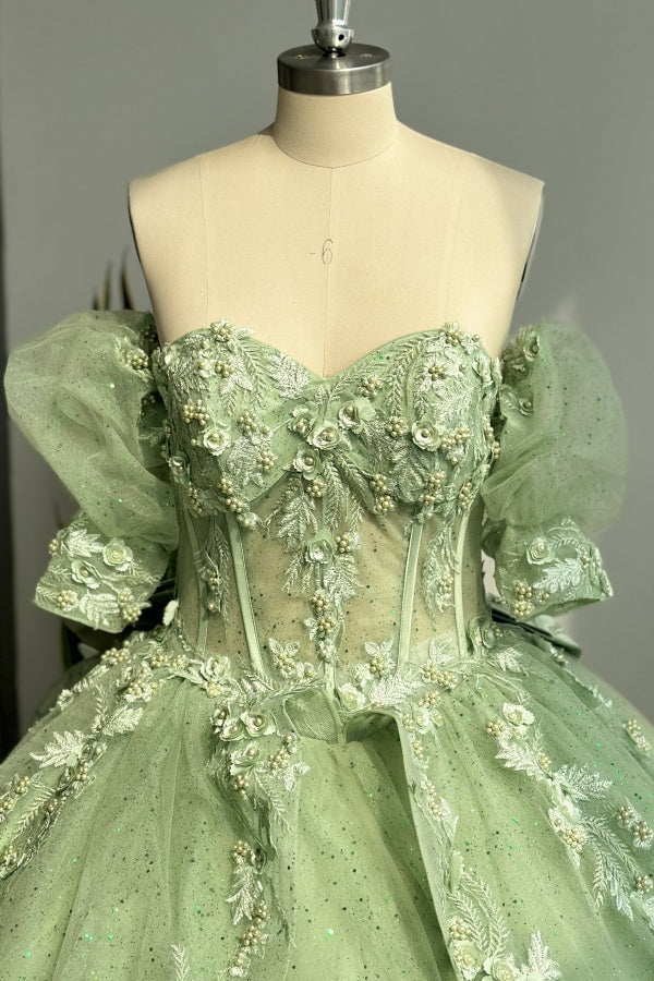Chic & Modern Ball Gown Off Shoulder Half Lantern Sleeves 3D Flower Appliques Ruffles Tiered Green Tulle Quinceanera Dress Birthday Party Gown for Sweet Train