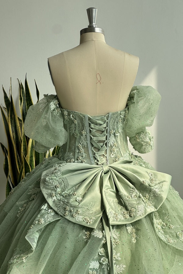 Chic & Modern Ball Gown Off Shoulder Half Lantern Sleeves 3D Flower Appliques Ruffles Tiered Green Tulle Quinceanera Dress Birthday Party Gown for Sweet Train