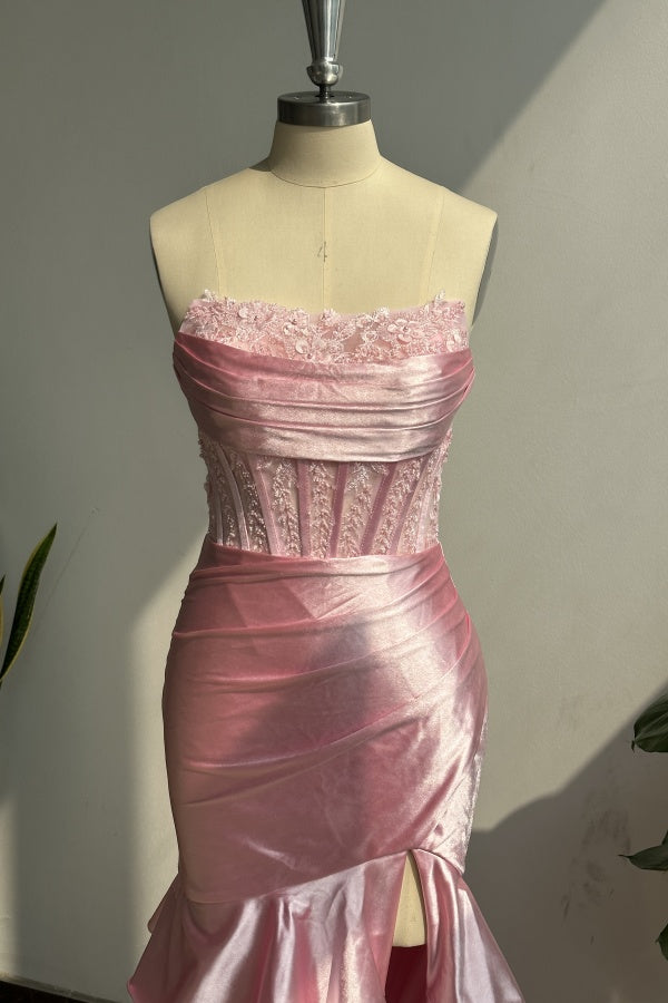 Chic & Modern Sheath Strapless Sleeveless Pleated Appliques Satin Tiered High Side Slit and Train Floor Length Party Dress Prom Dresses Dress Eveing Gown