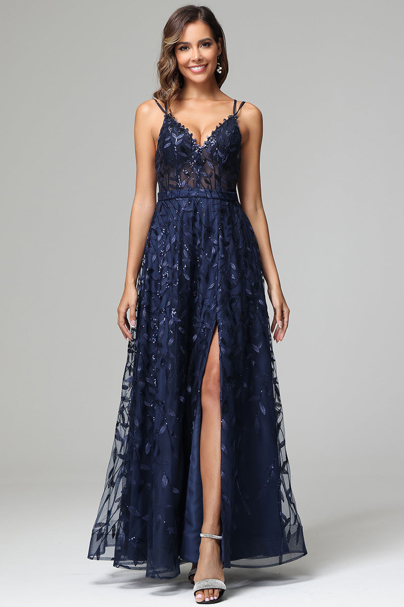 A-line Dark Navy Spaghetti Straps V-neck Lace Prom Dresses A-line Dark Navy Spaghetti Straps V-neck Lace Prom Dresses