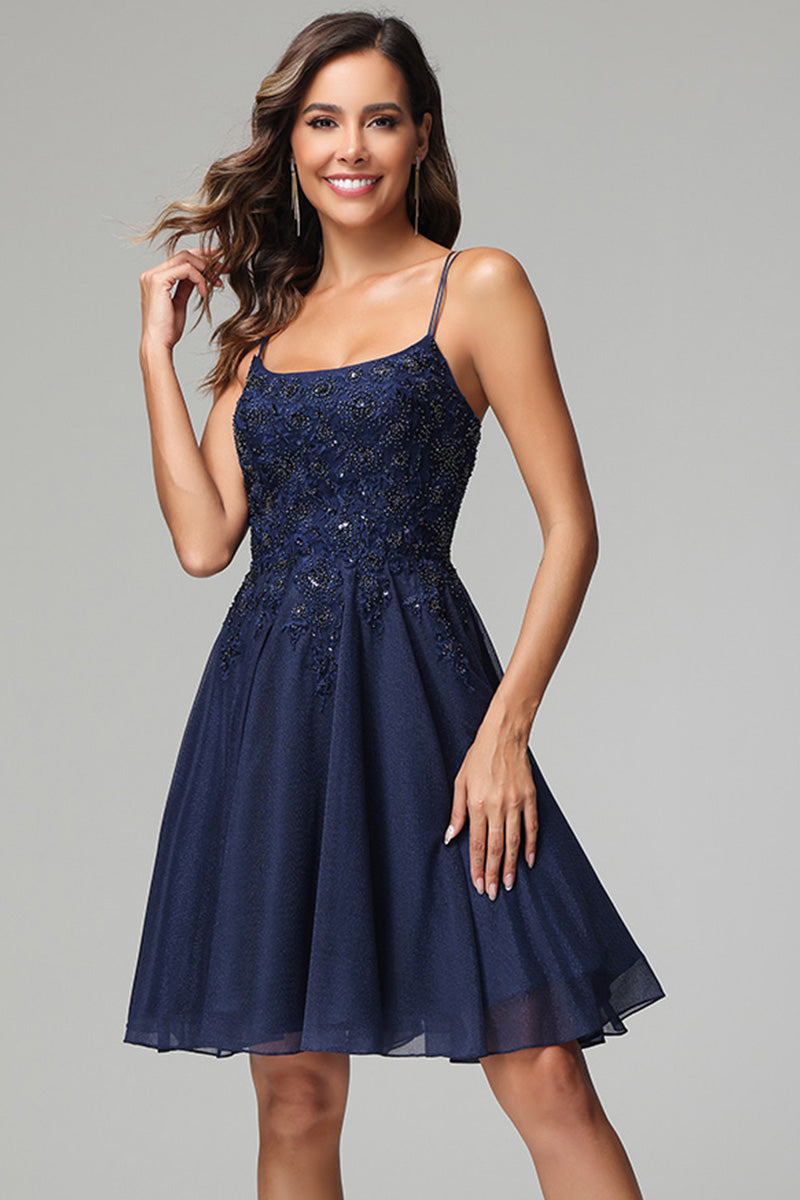 Dark Navy A-line Spaghetti Straps Chiffon Homecoming Dress with Beads Dark Navy A-line Spaghetti Straps Chiffon Homecoming Dress with Beads