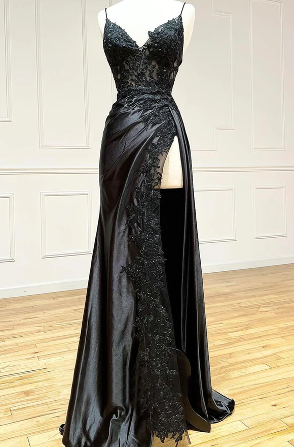 Black Spaghetti Straps Lace Appliques Prom Dress with Slit Black Spaghetti Straps Lace Appliques Prom Dress with Slit