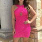 Sparkly Hot Pink Cross Neck Sequins Short Homecoming Dresses