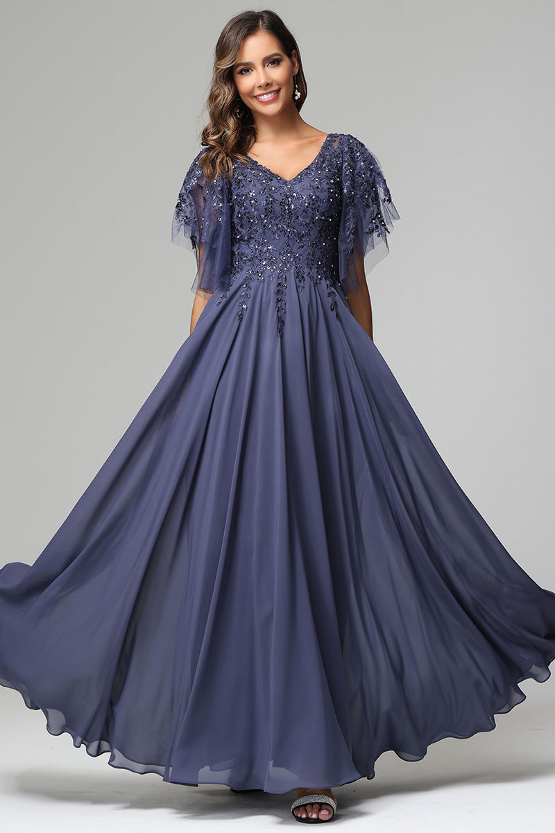 Elegant V-neck Short Sleeves Chiffon Appliqued Prom Dresses Elegant V-neck Short Sleeves Chiffon Appliqued Prom Dresses