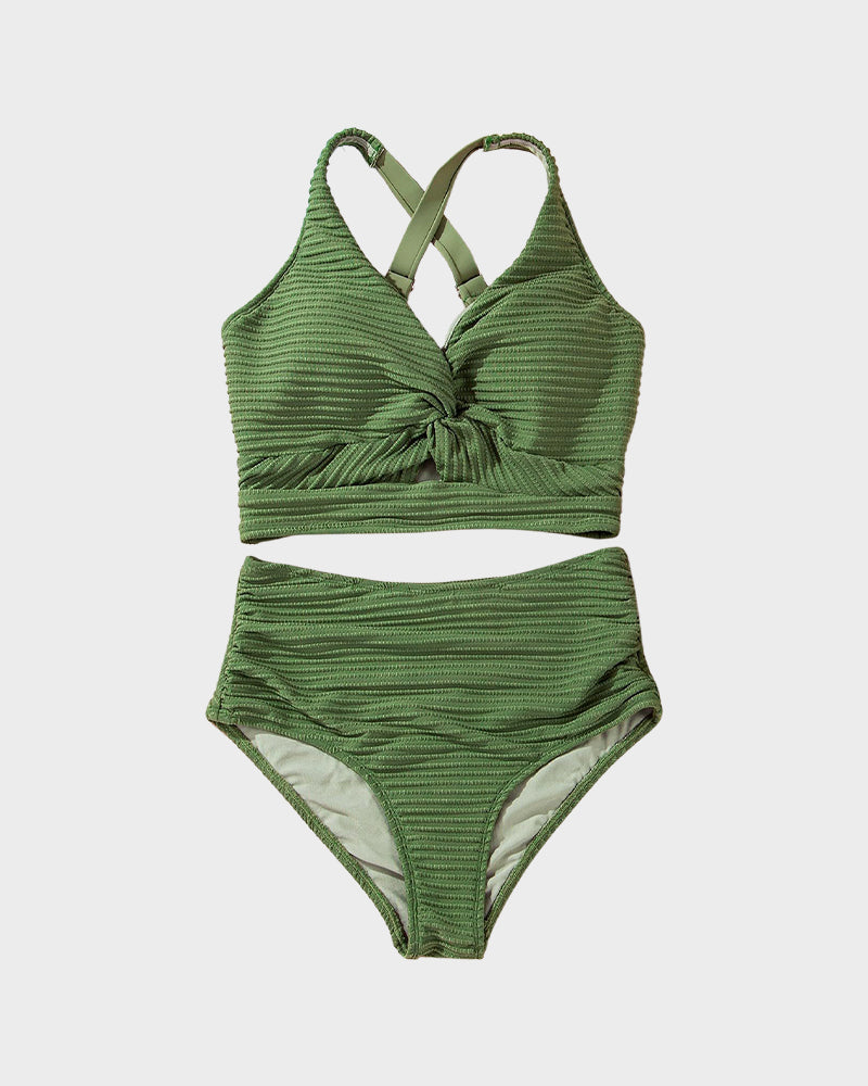 OmbreSwim - Textured Knot-Front High-Waisted Bikini Set