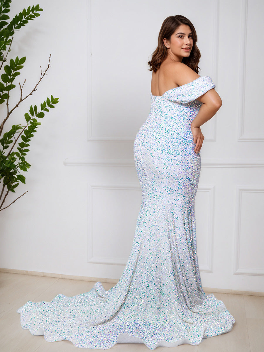 White Plus Size Mermaid Prom Dress with Sequins and an Off-the-Shoulder Long Silhouette