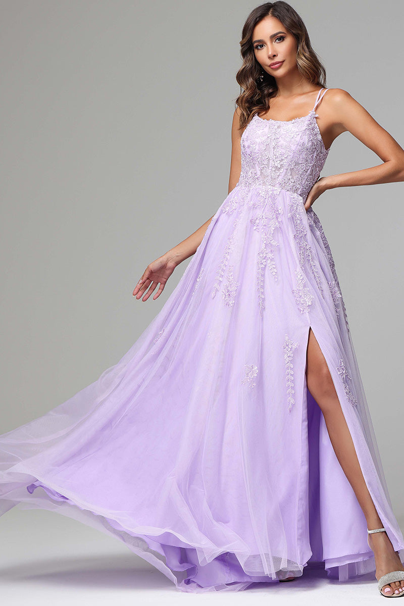 Lilac Spaghetti Straps Lace Appliques Long Prom Dress Lilac Spaghetti Straps Lace Appliques Long Prom Dress