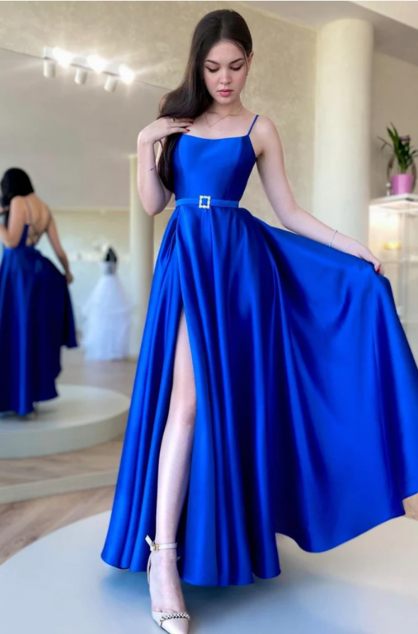 Royal Blue Satin A-Line Spaghetti Straps Formal Prom Dress Royal Blue Satin A-Line Spaghetti Straps Formal Prom Dress