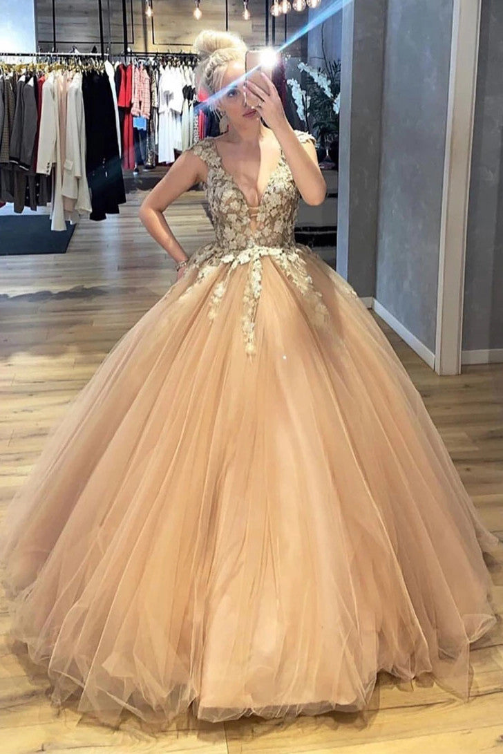 A-line V-neck Ball Gown Appliques Long Quinceanera Dresses