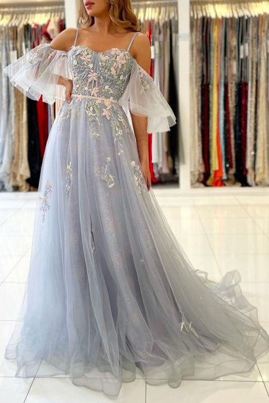 Light Gray Vintage A-Line Tulle Lace Appliques Evening Prom Dresses Light Gray Vintage A-Line Tulle Lace Appliques Evening Prom Dresses