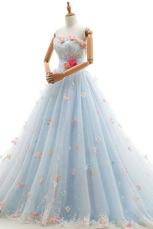 Charming Light Blue Tulle Sweetheart Ball Gown Court Train Wedding Dress W408 - Ombreprom