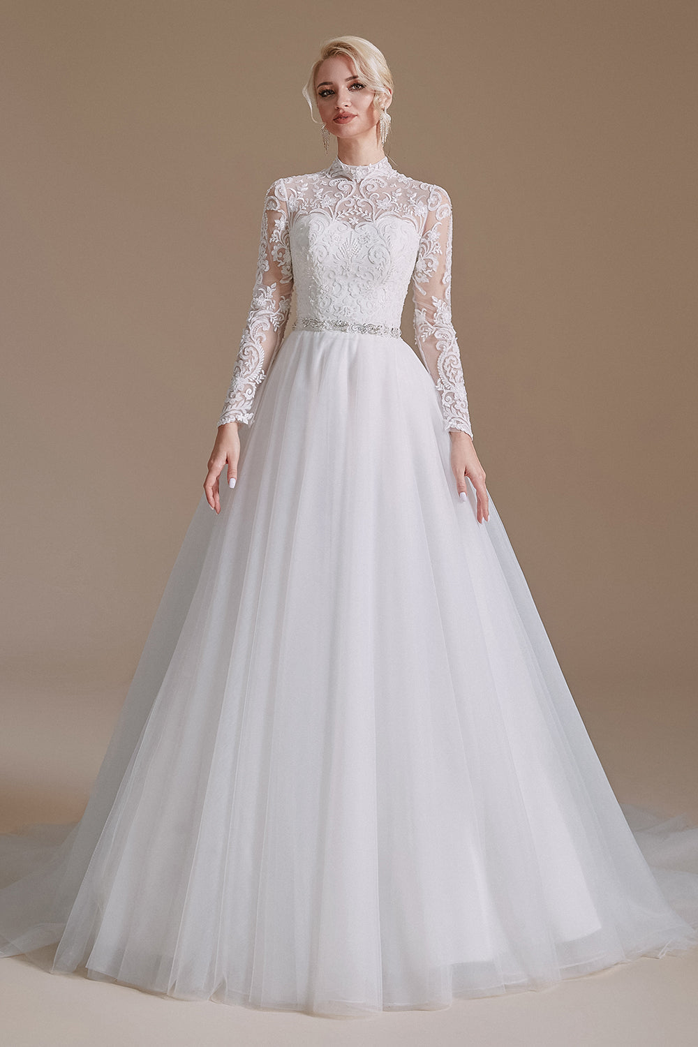 Ombreprom Wedding Dress A-Line Lace Appliques Long Sleeve Tulle Chapel Train Bridal Gown Ombreprom Wedding Dress A-Line Lace Appliques Long Sleeve Tulle Chapel Train Bridal Gown