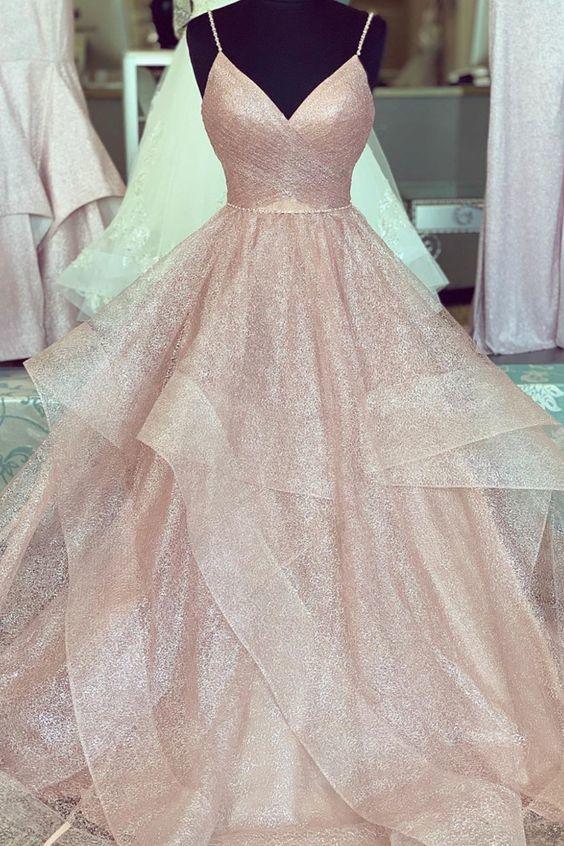 A Line Rose Gold Pleated Bodice Ruffled Long Prom Dresses A Line Rose Gold Pleated Bodice Ruffled Long Prom Dresses
