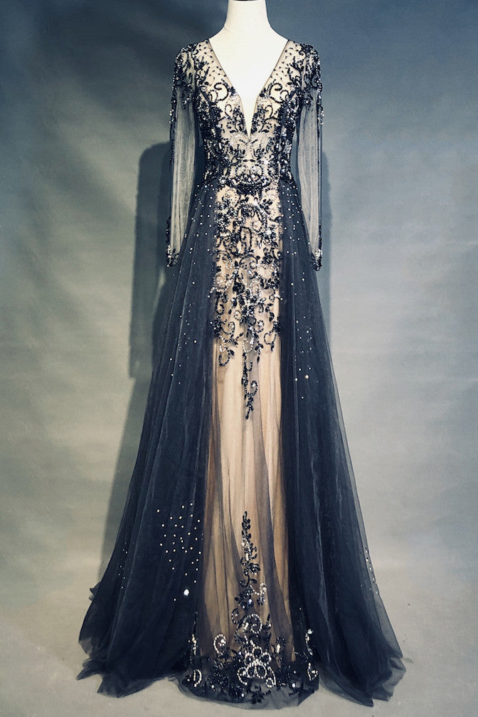 Luxury Long Sleeves V-neck Long Prom Dresses Overskirt Mother Formal D Luxury Long Sleeves V-neck Long Prom Dresses Overskirt Mother Formal D