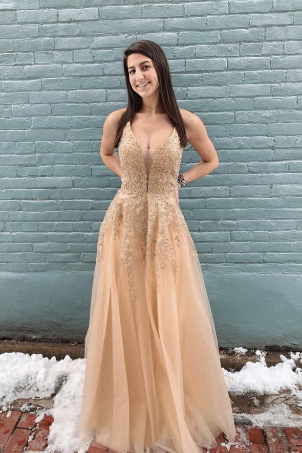 Stylish V neck Lace A line Evening Dresses Appliques Long Prom Dresses Stylish V neck Lace A line Evening Dresses Appliques Long Prom Dresses