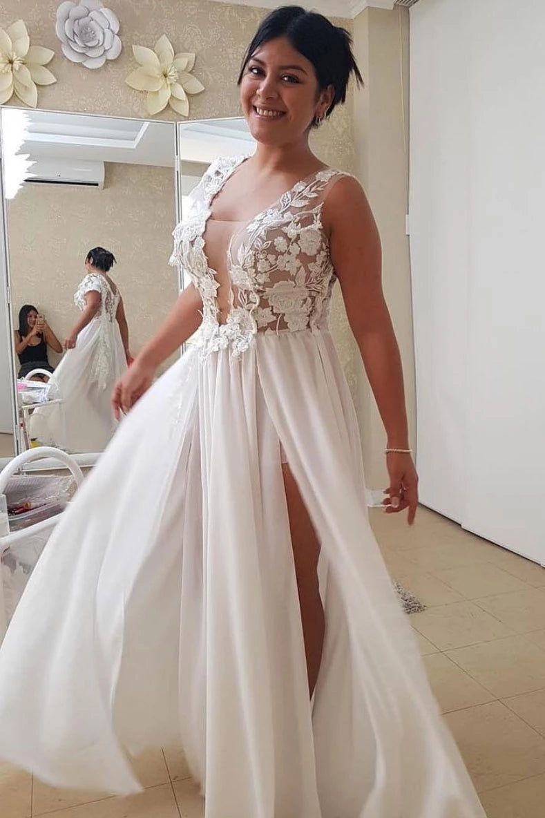 A-line Chiffon Long Prom Dresses With Appliques, Beach Wedding Dresses With Split A-line Chiffon Long Prom Dresses With Appliques, Beach Wedding Dresses With Split