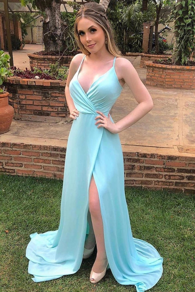 A-line V-neck Mint Blue Long Prom Dresses, Backless Evening Dresses With Split A-line V-neck Mint Blue Long Prom Dresses, Backless Evening Dresses With Split