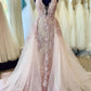 Sheath V-neck Lace Appliques Beaded Spaghetti Long Prom Dresses With Overskirt