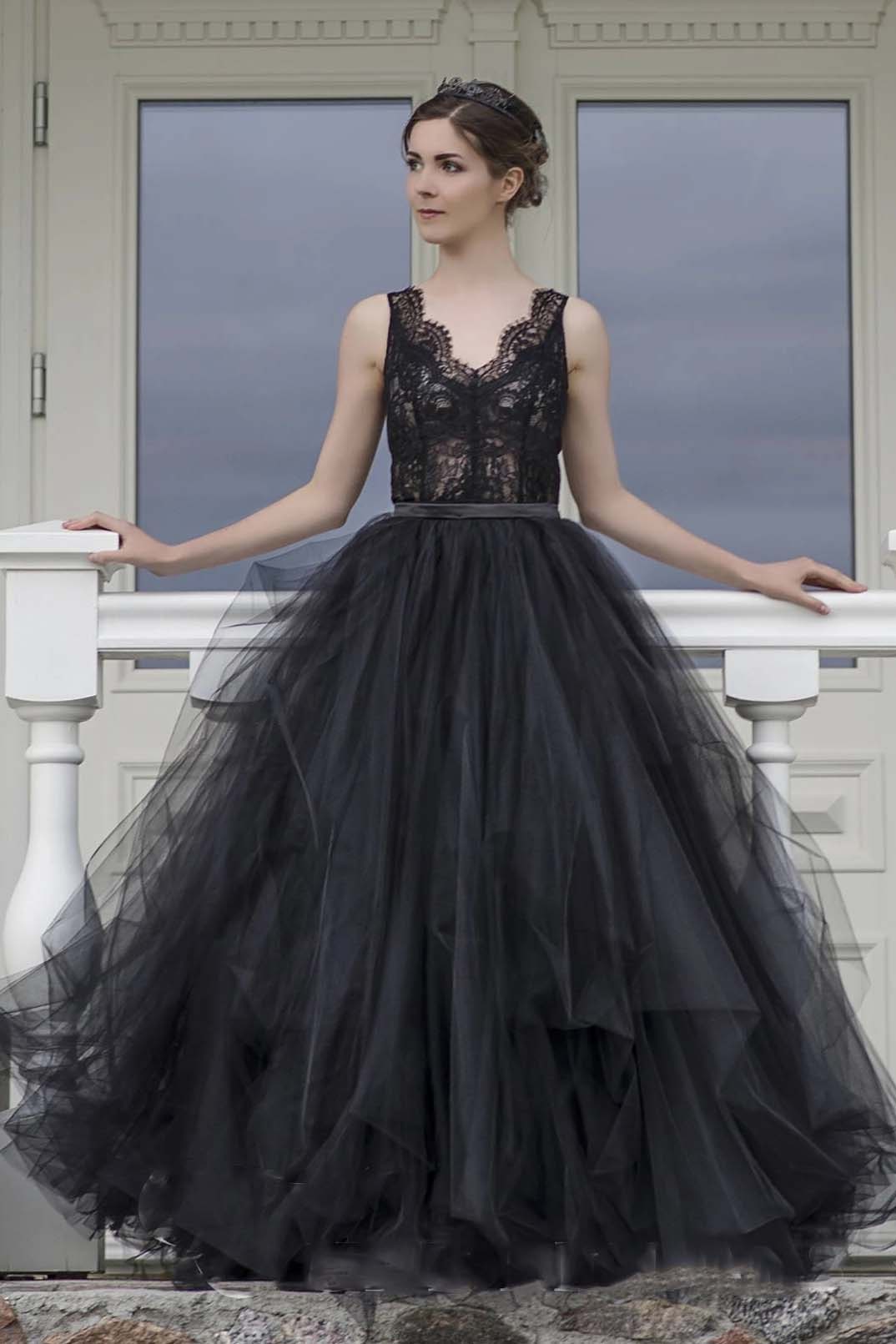 A-Line V-Neck Lace Tulle Long Black Wedding Dresses A-Line V-Neck Lace Tulle Long Black Wedding Dresses