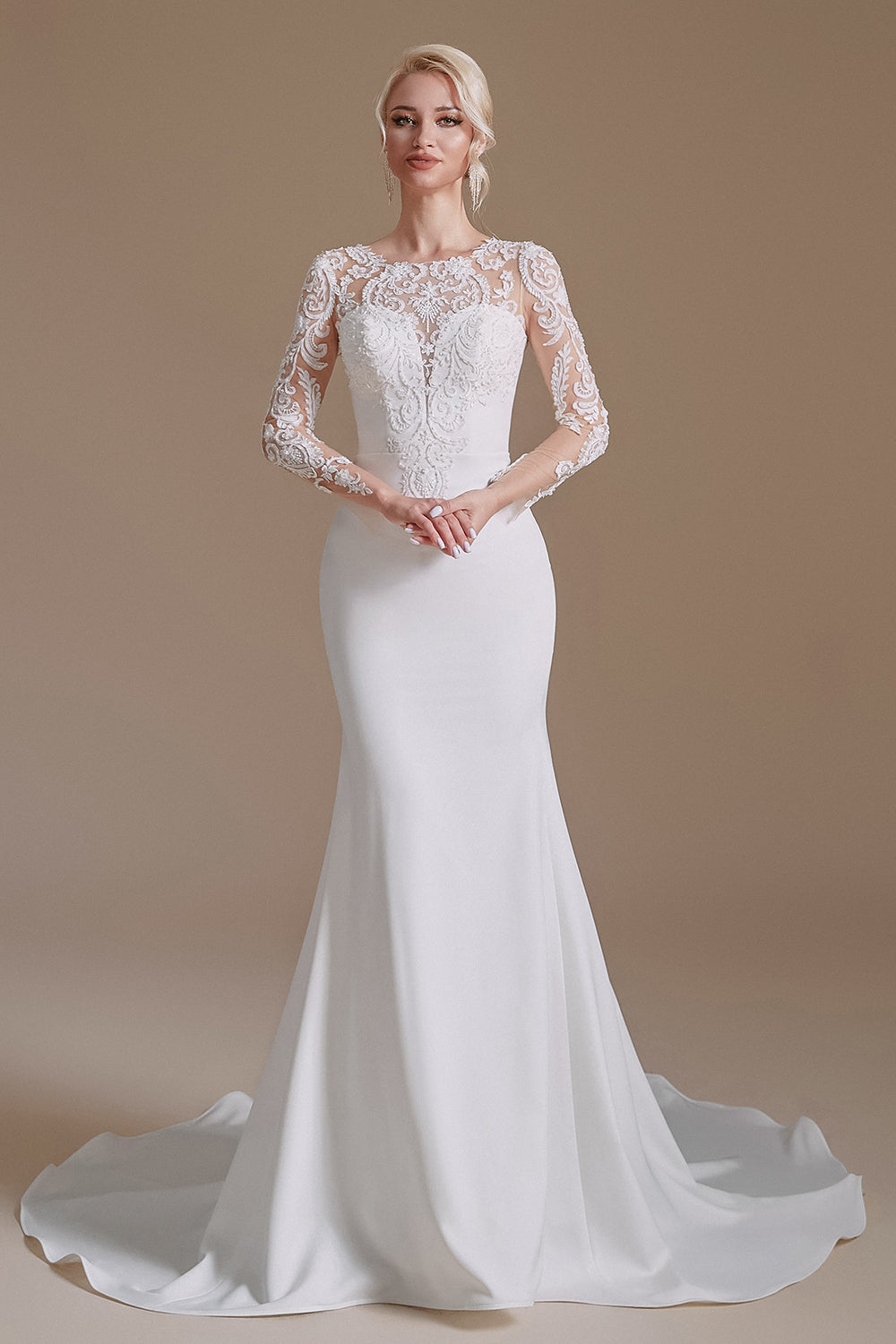 Ombreprom Wedding Dress New Arrival Mermaid Long Sleeve Wedding Gown with Sweep Train Ombreprom Wedding Dress New Arrival Mermaid Long Sleeve Wedding Gown with Sweep Train