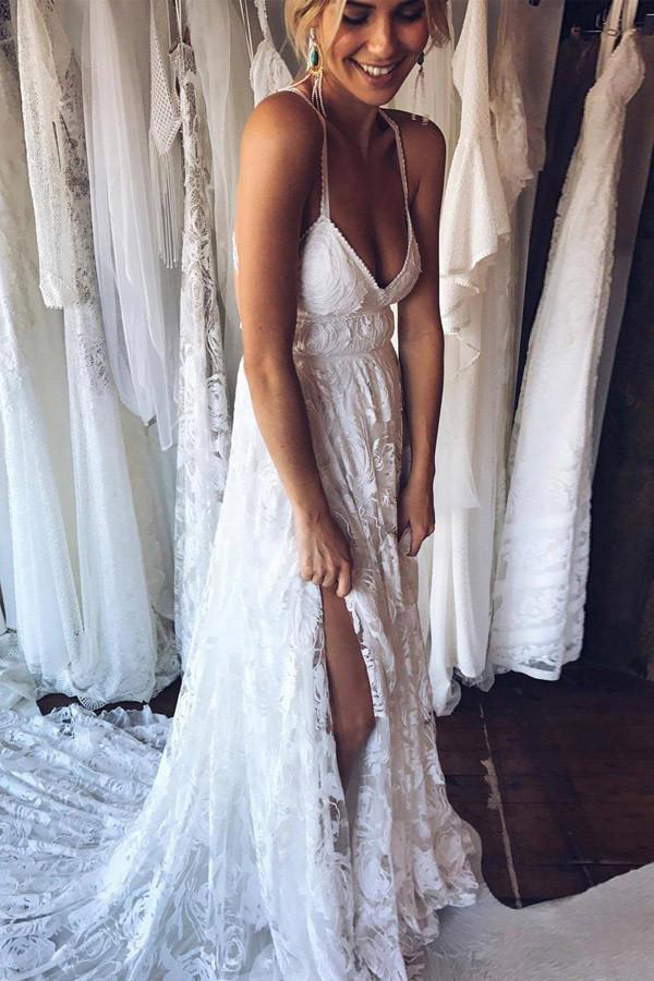 Charming Ivory Lace A Line Spaghetti Straps Backless Side Slit Beach Wedding Dresses Charming Ivory Lace A Line Spaghetti Straps Backless Side Slit Beach Wedding Dresses