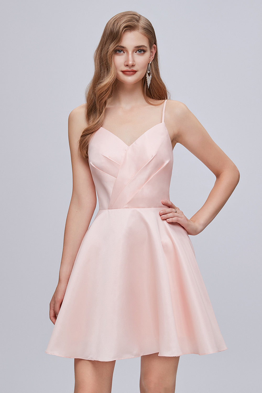 Pink V Neck Spaghetti Strap A Line Lace Up Short Homecoming Dresses