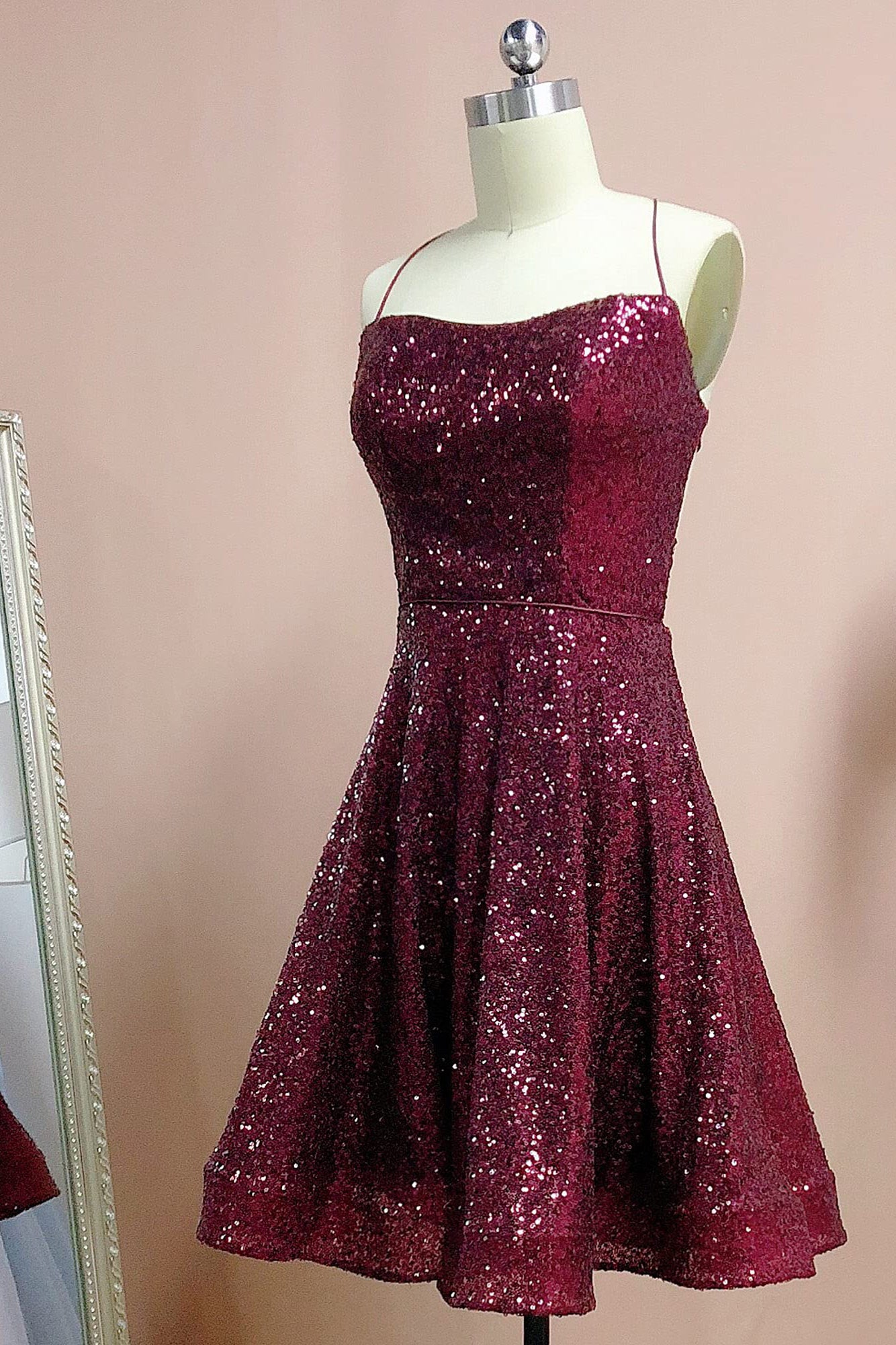 Burgundy Spaghetti Straps Sleeveless A Line Sequins Homecoming Dresses Burgundy Spaghetti Straps Sleeveless A Line Sequins Homecoming Dresses