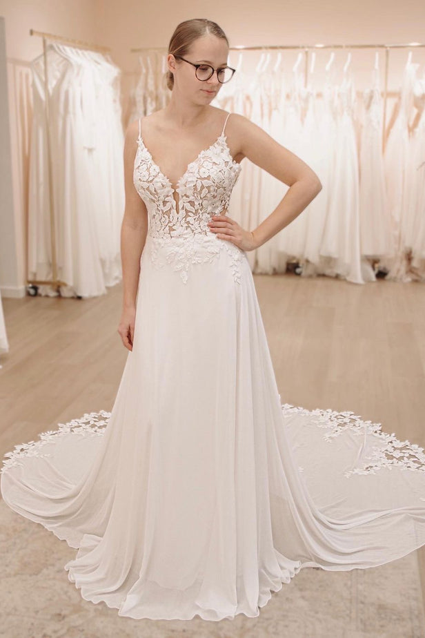 Fairy A Line V Neck Chiffon Long Wedding Dresses with Appliques Ivory Fairy A Line V Neck Chiffon Long Wedding Dresses with Appliques Ivory