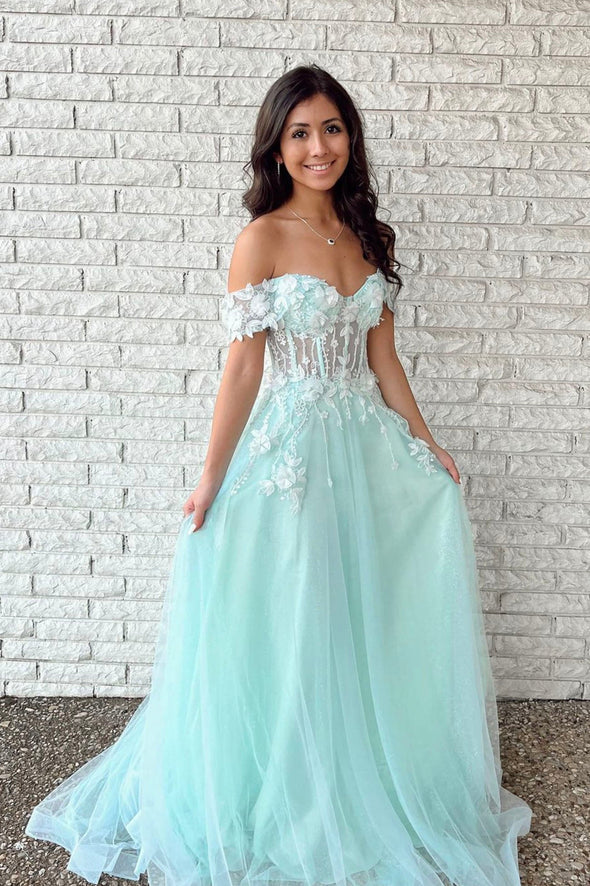 Tulle Applique Mint Green Off the Shoulder A line Evening Dresses Long Prom Dresses Tulle Applique Mint Green Off the Shoulder A line Evening Dresses Long Prom Dresses