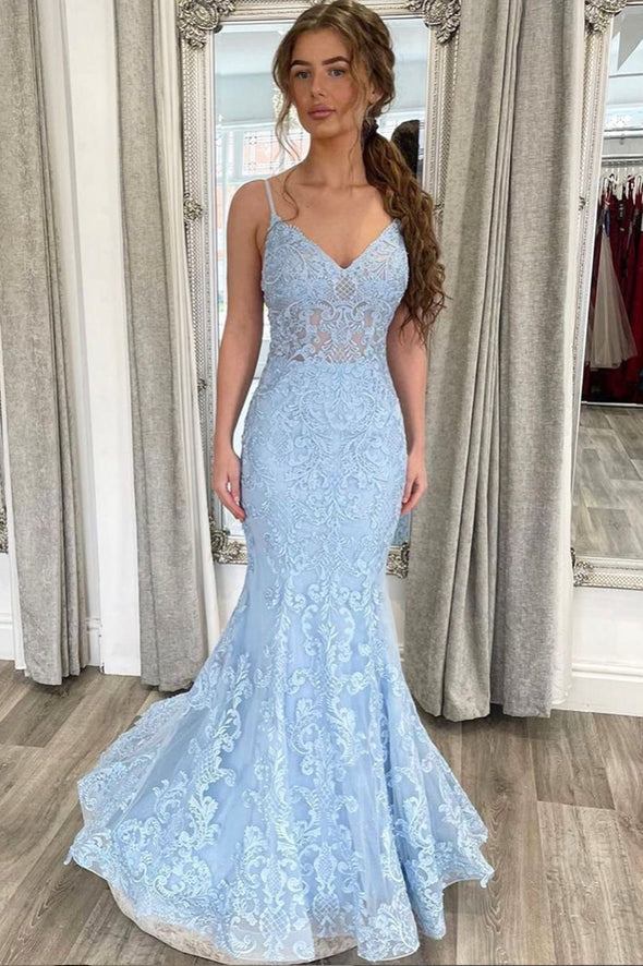 Light Blue Spaghetti Straps Lace Evening Dresses Mermaid Long Prom Dresses Light Blue Spaghetti Straps Lace Evening Dresses Mermaid Long Prom Dresses
